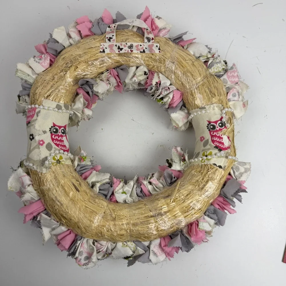 Handmade Shabby Chic Owl Rag Wreath Pink Grey Burlap Roses Nursery Decor 12